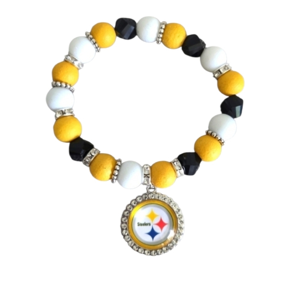 Pittsburgh Steelers Rhinestone Black Yellow Beaded Charm Bracelet NFL Football